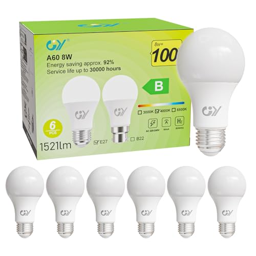 GY E27 Class B LED Bulb, 8 W (100 W Equivalent), 1521 Lumens 4000 K Neutral White, A60 E27 LED Bulbs, Energy Efficiency, Non-Dimmable, 6 Units (Pack of 1)