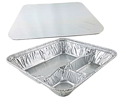 Pactogo Large 3-Compartment Oblong Aluminum Foil Take-Out Pan Senior Feeding TV Dinner EntrÃ©e Tray w/Board Lid (Pack of 25 Sets)