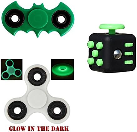 Fidget Bundle - Green and Black Fidget Cube, Glow in the Dark Tri-Spinner, and Green Batman Spinner