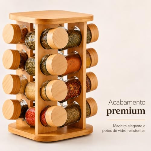 Porta Temperos Giratório 360° em Bambu com 16 Potes de Vidro 80ml, Base Quadrada – Organizador Premium para Cozinha