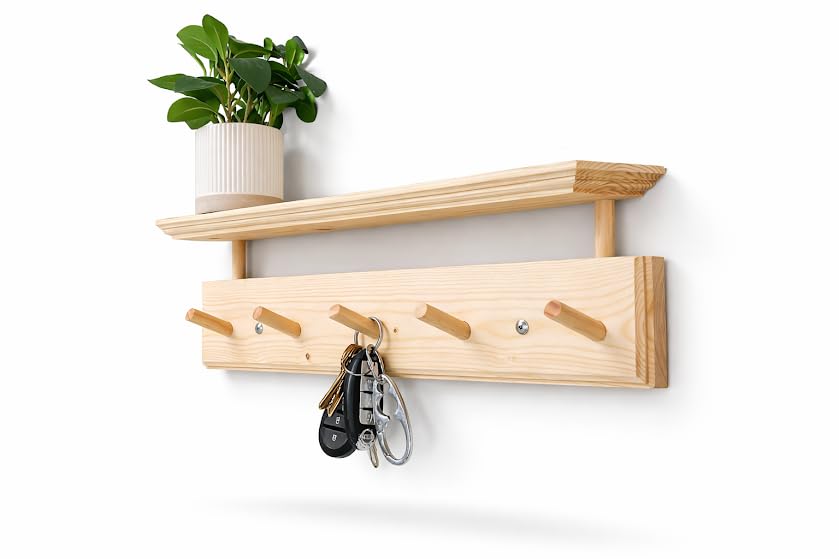 Photo 1 of ) Matías Coat Rack Wall Mount with Shelf, 18 Inch Solid Wood Peg Rail, Wall Mounted Coat Rack with 5 Hooks, Wall Mount Shelf for Entryway, Bathroom or Bedroom (Natural Wood)