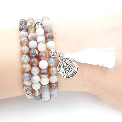 Mala Beads Bracelet, Buddhist Mala Prayer Beads, Buddha Bless Me Statement Necklace (Botswana Agate) - Thumbnail 4