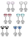 JOERICA 6 Pairs 16G Stainless Steel Ear Piercing Stud Earrings for Men Women CZ Earrings Heart 4MM