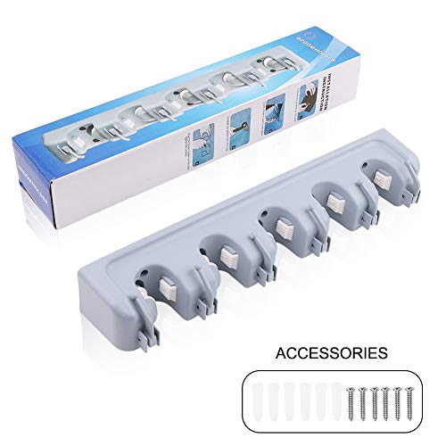 LUVODI Mop and Broom Holder Multifunctional Wall Mounted Organizer Storage Rack 5 Positions with 6 Hooks Rake Towel Hanger Holds Up to 11 Tools for Garden Kitchen Laundry Offices Garage
