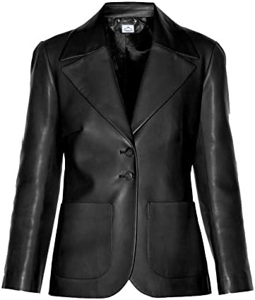 VearFitSimple Coat Black Real Leather Blazer Smooth Fashion Designer Collection for Women