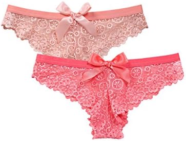 Womens Lacy Bow-Tie Workout Thongs Breathable Cotton Sexy Cute Lace Silk Underwear 2 Pack (L, Peach/Coral)