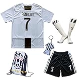 GamesDur 2018/2019 Cristiano Ronaldo #7 Home Football Soccer Kids Jersey & Short & Sock & Soccer Bag Youth Sizes (Juve), 3-4 Years