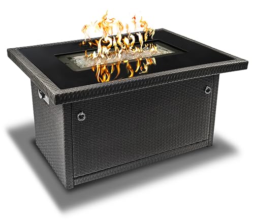 Outland Living Series 403 Fire Table – 44" 50,000 BTU Outdoor Propane Gas Fire Pit Table with Tempered Glass Top & Arctic Ice Decorative Glass Rocks, Slate Grey