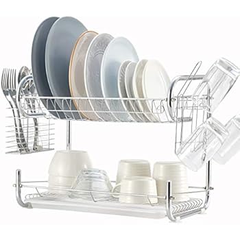 2 Tier Dish Rack, NATUROUS Dish Drying Rack Kitchen Organizer with Drain Board, Chrome