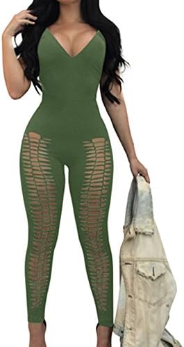 Wuxh Women's Sexy V Neck Hollow Out Backless Sleeveless Bodycon Long Jumpsuit Rompers
