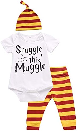3Pcs/Set Baby Boys Girls Snuggle-This-Muggle Newborn Outfit Onsie Set Bodysuits Short Sleeve Romper and Striped Pants Hat