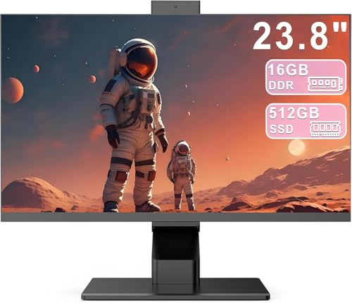 PC tout-en-un avec écran tactile Quad-Core N95 (jusqu'à 3,4 GHz), 16 Go de RAM, 512 Go SSD, écran tactile de 23,8 pouces, webcam pop-up, WiFi6 double bande, Bluetooth 5.3, souris et clavier filaires.