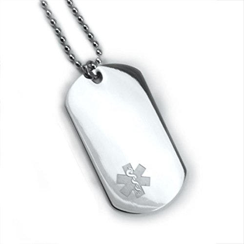 Custom Engraved and personalized Medical ID Dog Tag with Embossed emblem from stainless steel.