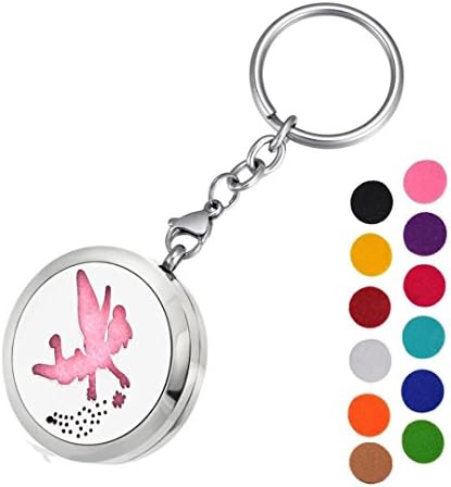 DIB Aromatherapy Essential Oil Diffuser Key Chain-Fairy Stainless Steel Locket Pendant Keychain,12 Refill Pads