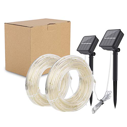 BINZET LED Solar String Lights Outdoor, 33ft Waterproof Clear Tube 8 Modes 100LEDs Solar Fairy Lights for Patio, Deck, Gardens, Backyard, Pergola, Christmas (Warm White, 2 Pack)