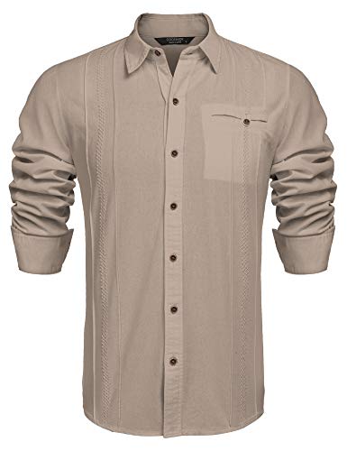 COOFANDY Men's Casual Linen Cotton Shirt Long Sleeve Embroidered Button Down Shirts