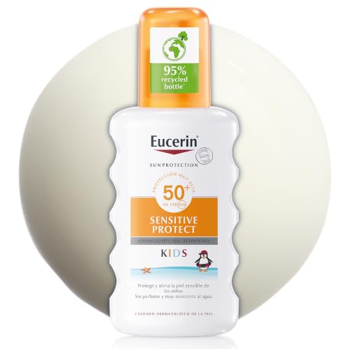 Sun Kids Sensitive Protect Spray FPS 50+ (200 ml), crema de sol con filtros UV, protector solar infantil en spray resistente al agua, protección solar para pieles sensibles