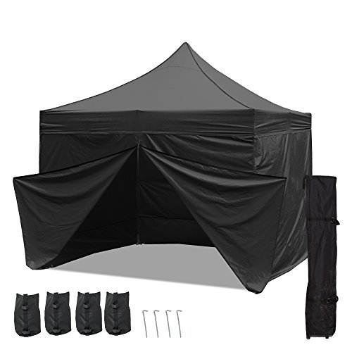 Punchau Commercial Pop Up Canopy Tent with Four Sidewalls 10 x 10 Feet, Black - UV Coated, Waterproof Outdoor Party Gazebo Tent - Includes 4 Weights, Roller Carry Bag, and Stake Set