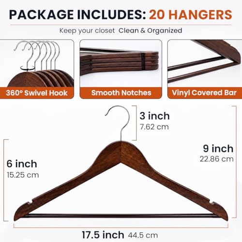 Lincoln & Co Wooden Suit Hangers 20 Pack – Premium Heavy Duty Coat Hangers with Non-Slip Bar | Wooden Clothes Hangers for Suits, Jackets & Trousers
