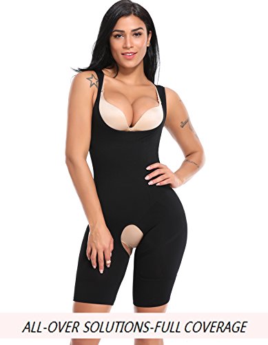 SLIMBELLE Women's Seamless Body Briefer Full Body Shaper Open Bust Mid Thigh Bodysuit with Firm Tummy Control-Black-2XL&3XL