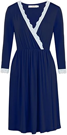 Womens Sexy V-neck Nightgown Cotton Pajamas Long Sleeve Sleepwear Sleep Dress Navy Blue XXL