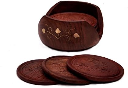 Craftgasmic ooden Carved Tea Coaster Set of 6 Plate with Stand dining table serving office (diwali gift)