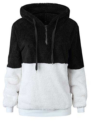 TEMOFON Women's Long Sleeve Zipper Casual Hooded Sweatshirt Sherpa Pullover Winter Outwear Jackets Coats Sweaters Black L