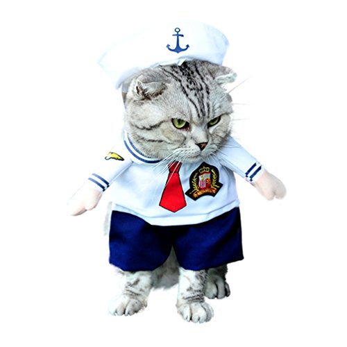 SMALLLEE_LUCKY_STORE Small Cat Dog Sailor Costume with Hat Navy