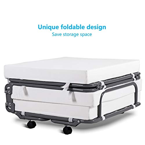 Folding Ottoman Mattress Convertible Sofa Bed with Casters Lounge Sleeper Polyester Fabric Surface (White)