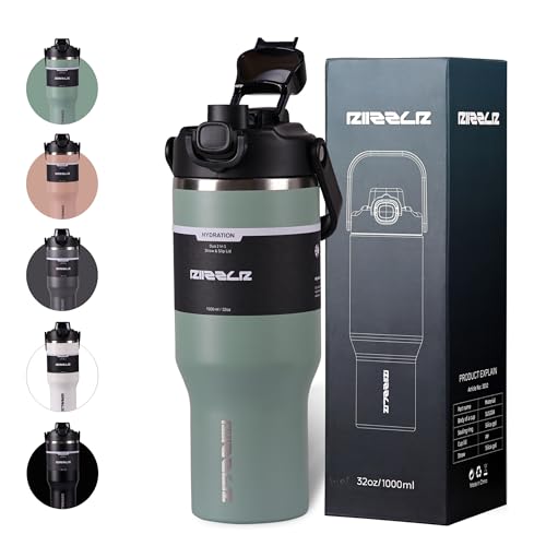 RIIZZLR® 1000ml Insulated Water Bottle Tumbler with 2-in-1 Straw & Sip Lid – Stainless Steel Vacuum Flask, Double Wall, BPA-Free, Leakproof, Wide Mouth, Keeps Drinks Hot 12H / Cold 24H (Sage Green)