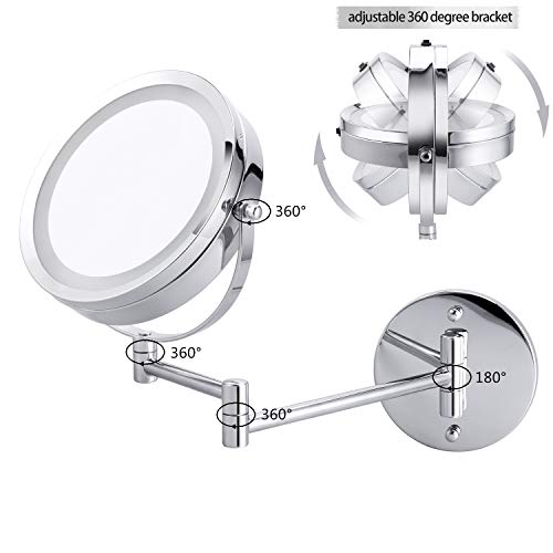 LED Double-Sided Magnifying Makeup Mirror, 6.7" Diameter 1X/5X Adjustable Magnification Led Cosmetic Mirror Wall Mounted, 360° Rotating Function, Lighted Vanity Mirror, Chrome Extendable Swivel Mirror - Thumbnail 4