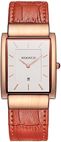 WOONUN Luxury Rose Gold Ultra Thin Case Leather Band Analog Quartz Rectangle Watches For Men (rose gold)