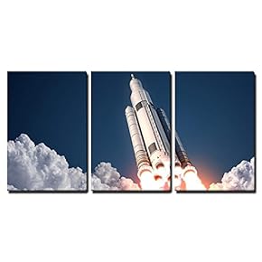 3 Piece Canvas Wall Art - Space Launch System Takes Off. 3D Scene. - Modern Home Art Stretched and Framed Ready to Hang - 16"x24"x3 Panels