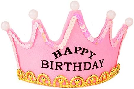 SeasonC LED Light Crown Party Hat Happy Birthday Printed Party Accessories PINK