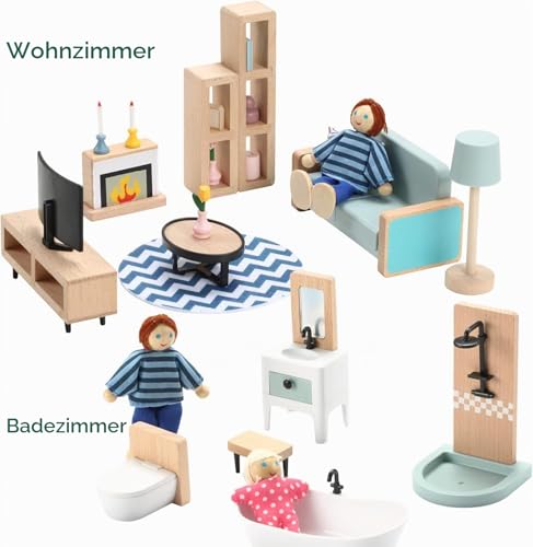 Giant bean Dollhouse Furniture Wooden Set, 36 Pieces Furniture with 4 Family Dolls, Doll Accessories, Toy for Boys, Girls and Toddlers 3+ Years