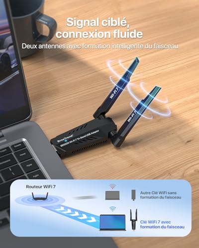 BrosTrend BE6500 Clé WiFi 7 Puissante, Clé USB WiFi pour PC Tri-Bande 6GHz / 5GHz / 2.4GHz, Longue Portée Antenne Wi-Fi PC Dongle, Clef sans Fil Adaptateur USB 3.0, Compatible avec Windows 11/10, WPA3