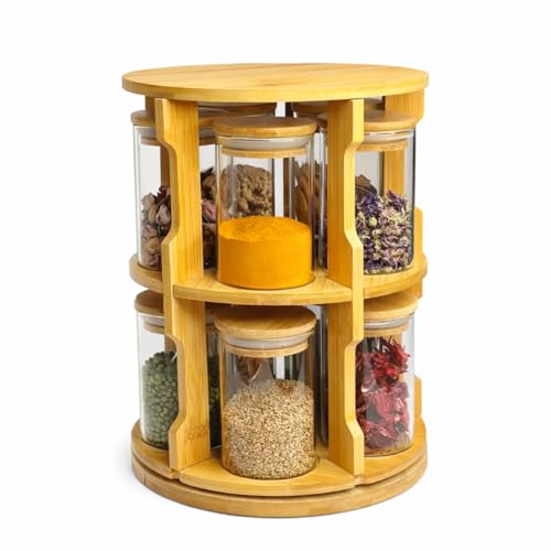 360° Rotating Spice Rack Organizer – 10 Glass Jars (200ml Each) with Bamboo Wooden Stand – Kitchen Countertop Storage Carousel – Space Saving Masala Organizer