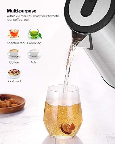 HOMEVER Bouilloire Électrique, INOX 1.7L Ébullition Rapide pour Le Thé, Acier Inoxydable,Arrêt Automatique, Bouilloire sans BPA, Protection Anti-ébullition à Sec,1800W[Classe Énergétique A+++]