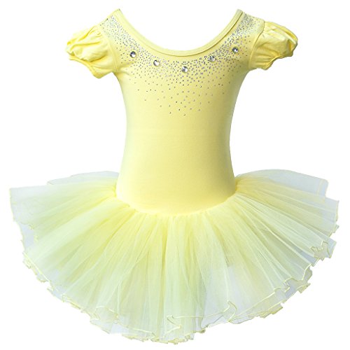 Kids One-Piece Sparkle Rhinestone Dance Costumes Short Sleeve Tutu Ballet Dress for Little Girls 3-8 Years