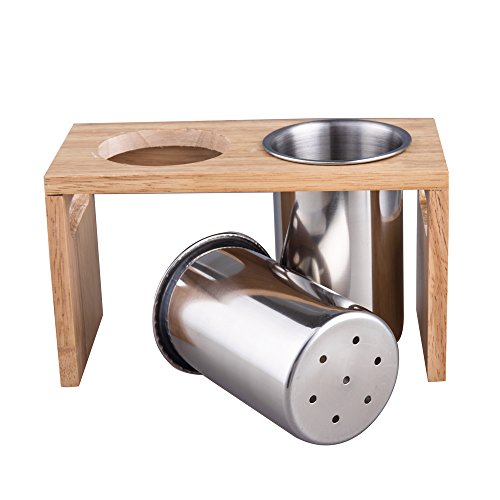 Flatware Organizer Caddy with Wood Base SUS304 Stainless Steel Cutlery Utensil Holder for Kitchen Countertop