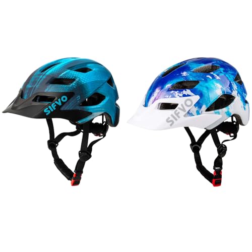 2 Pack Kids Helmet, SIFVO Boys and Girls Bike Helmet with Cool Visor Helmet for Kids 5-14, Adjustable & Lightweight 50-57cm(Navy Blue+Cool Ray)