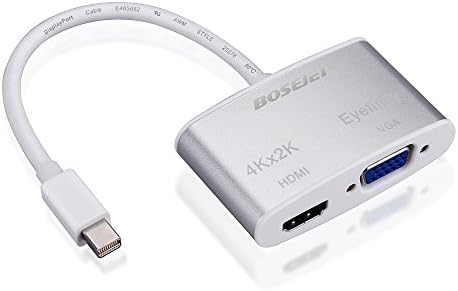 Bosejet [DP 1.2 Version] Super 4K*2K Primium Mini Displayport DP Thunderbolt Male to VGA HDMI Female TV AV Video HDTV Adapter Cable 3 In1 for Mac, Macbook, Macbook Pro, Macbook Air, iMac, Surface Pro 1 2 3, Lenovo Thinkpad X1 Carbon, X230/240s - Silver