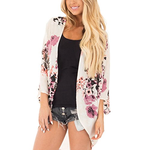 Tootu Women Chiffon Loose Shawl Print Kimono Cardigan Top Cover Up Blouse Beachwear (M, E)