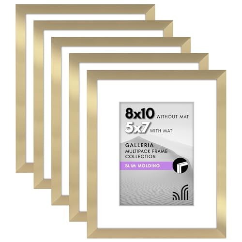 Americanflat 8x10 Picture Frame Set of 5 in Gold - Use as 5x7 Picture Frame with Mat or 8x10 Frame Without Mat - Picture Frames Collage Wall Decor with Plexiglass and Easel for Wall or Tabletop