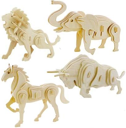 LVEDU 3D Wooden Puzzles 4 PCS Woodcraft Construction Kit Lion Bull Horse Elephant Wooden Toys for Children and Adults