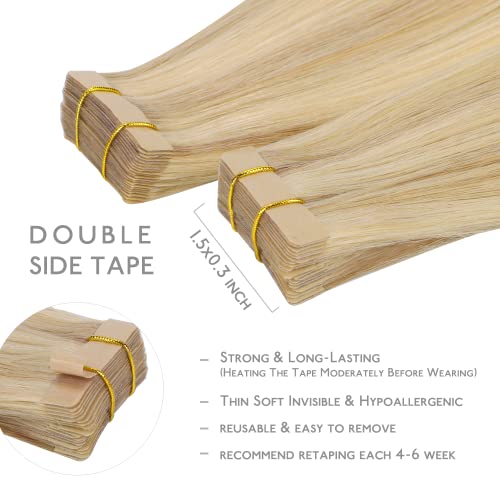 WENNALIFE Hellblond Highlights Goldblond Tape in Extensions Human Hair 40 cm, 50 g, 20 Pieces, Remy Hair Extensions