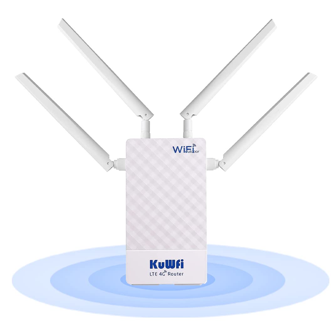 KuWFi Outdoor 4G Router with SlM Slot, 300Mbps High Speed, 4 High Gain Antennas, lP67 Weatherproof, 48V PoE Sim Card Router Support for Security Cameras/Switch, Plug & Play
