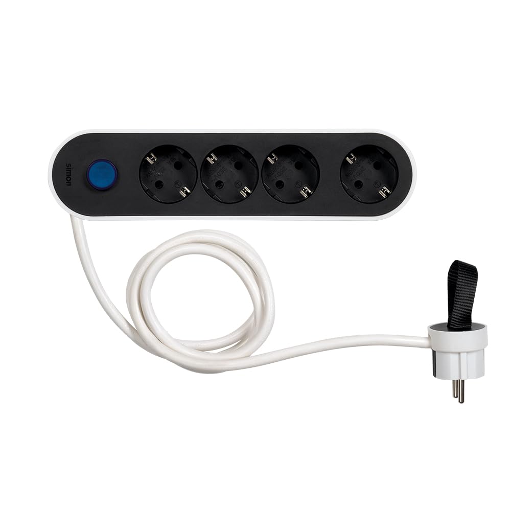Simon - Multiple Plug, Flat Plug Strip, Socket Thrower with Light Switch, Cables, 4 Outlets, 1.4 Metre Cable and Extra Flat Side Plug, White and Black