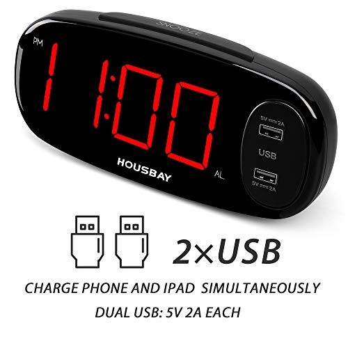 Bedrooms Alarm Clock with USB Charger - Dual Front USB Ports 6.5â€Easy to Read Large LED Display with Dimmer Outlets Powered Bedside Clock for Home Hotel
