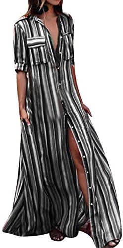 AANB Women Half Sleeve Striped Multicolor Loose Button Beach Long Robe Dress